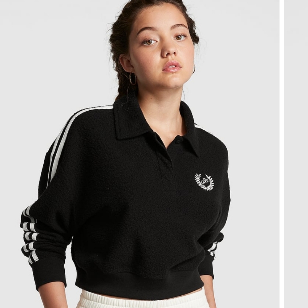 Victoria's Secret PINK Reverse Fleece Cropped Polo Sweater Black NWT XL